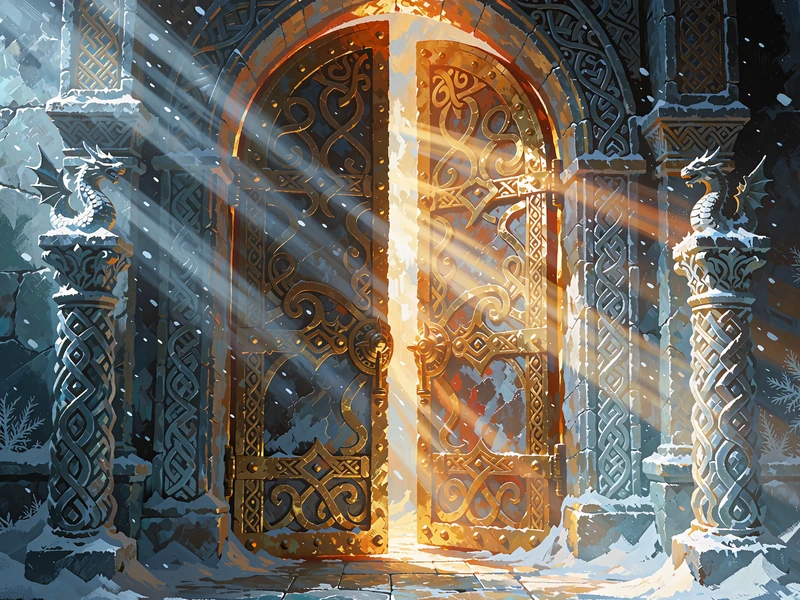 Illustration af gyldne porte p&aring; klem i en frosset stenhal - slotten Gates of Valhalla hos Godz Casino
