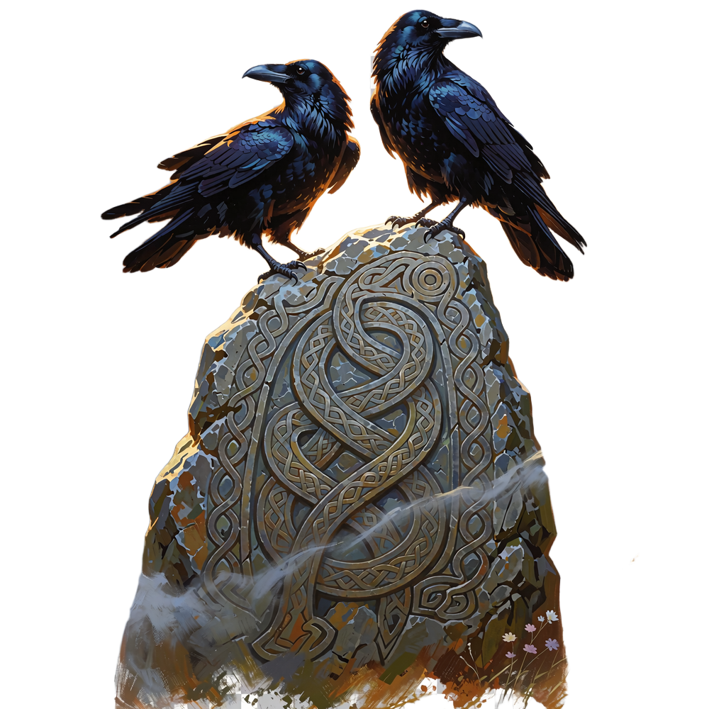 To sorte ravne p&aring; en h&oslash;j gr&aring;stenssten med slyngede knudem&oslash;nstre - Odins ravne som symbol i Godz Casinos norr&oslash;ne tema