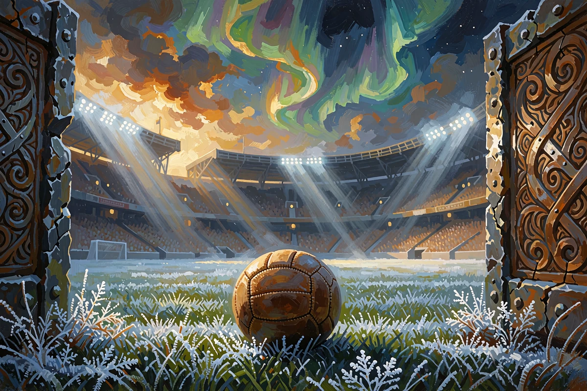 L&aelig;derfodbold p&aring; frostbelagt bane foran et tomt flodlysstadion under gr&oslash;nt nordlys - Godz Sportsbook