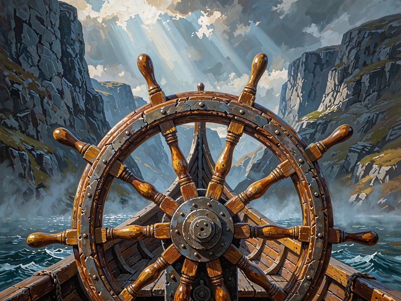 Illustration af et skibsrat i egetr&aelig; foran stejle fjordklipper - vikingeslotten Le Viking