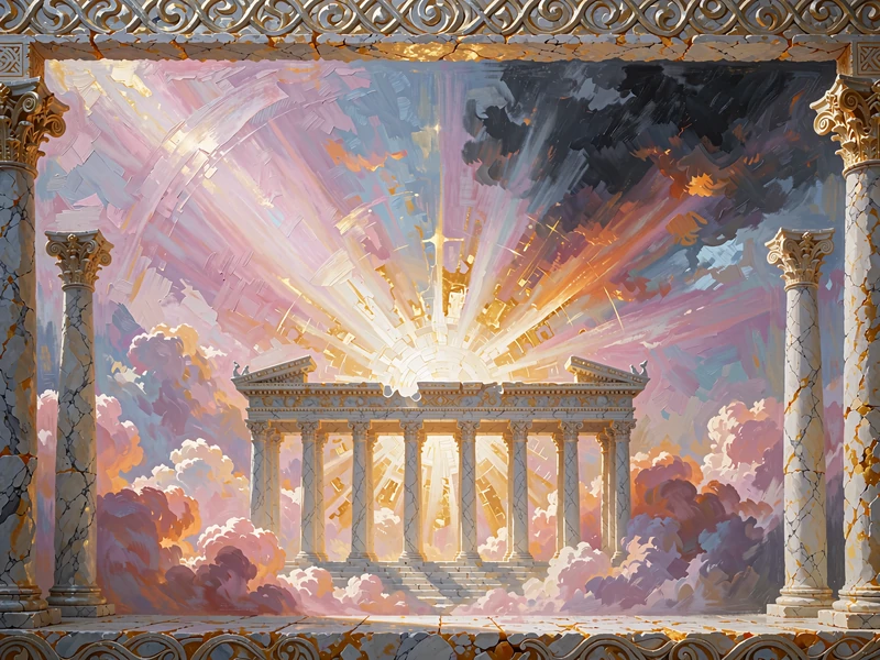 Illustration af et marmortempel p&aring; lyser&oslash;de skyer med solstr&aring;ler - slotten Gates of Olympus